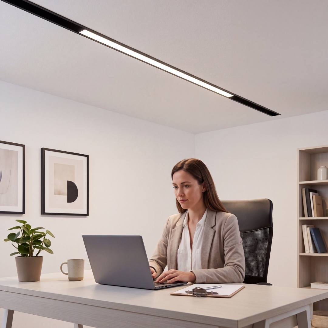 Iluminación lineal para oficina con spot magnético sobre escritorio de trabajo