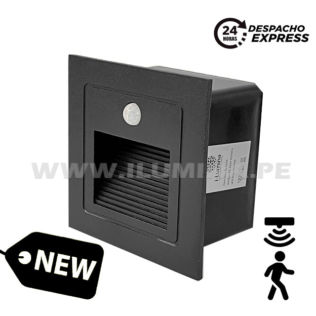 SPOT LUZ GUÍA DE PASO DE ESCALERA LED 3W ASIMETRICA NEGRO CON SENSOR DE MOVIMIENTO