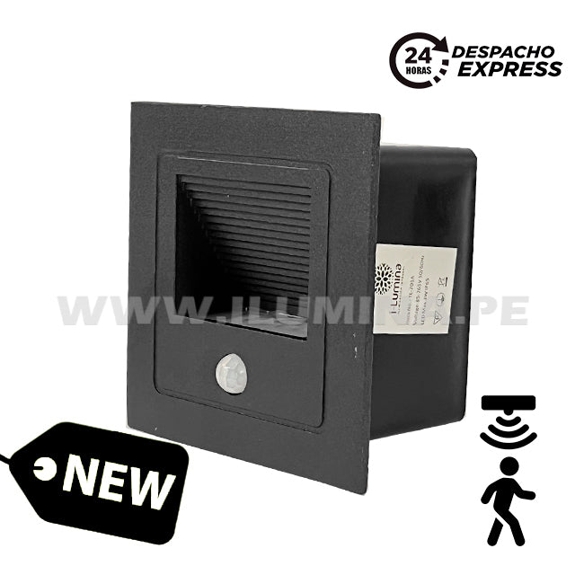 SPOT LUZ GUÍA DE PASO DE ESCALERA LED 3W SIMETRICA NEGRO CON SENSOR DE MOVIMIENTO