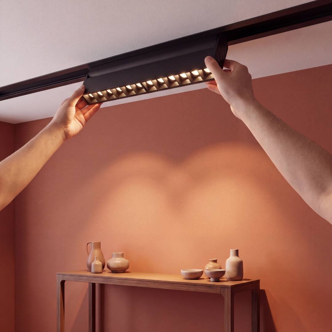 Spot LED magnético creando ambiente cálido acogedor en sala moderna
