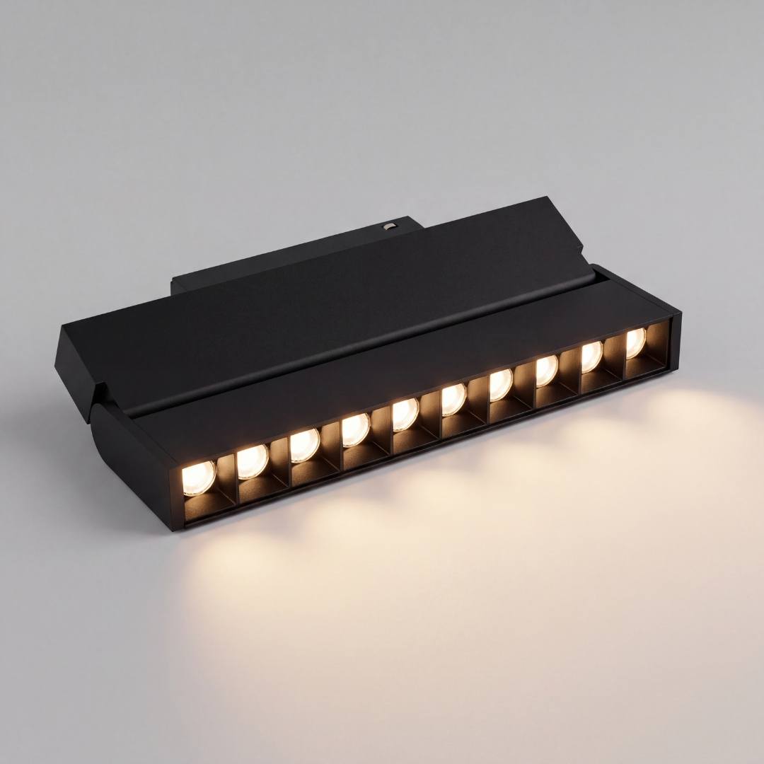 Spot LED de riel bañando pared con luz cálida dirigida