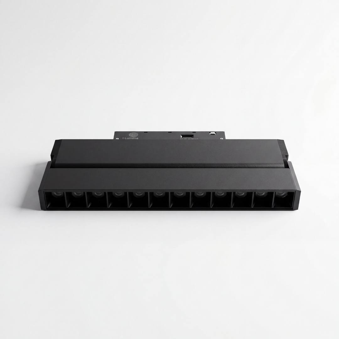 Spot LED articulable instalado en riel adosable de superficie