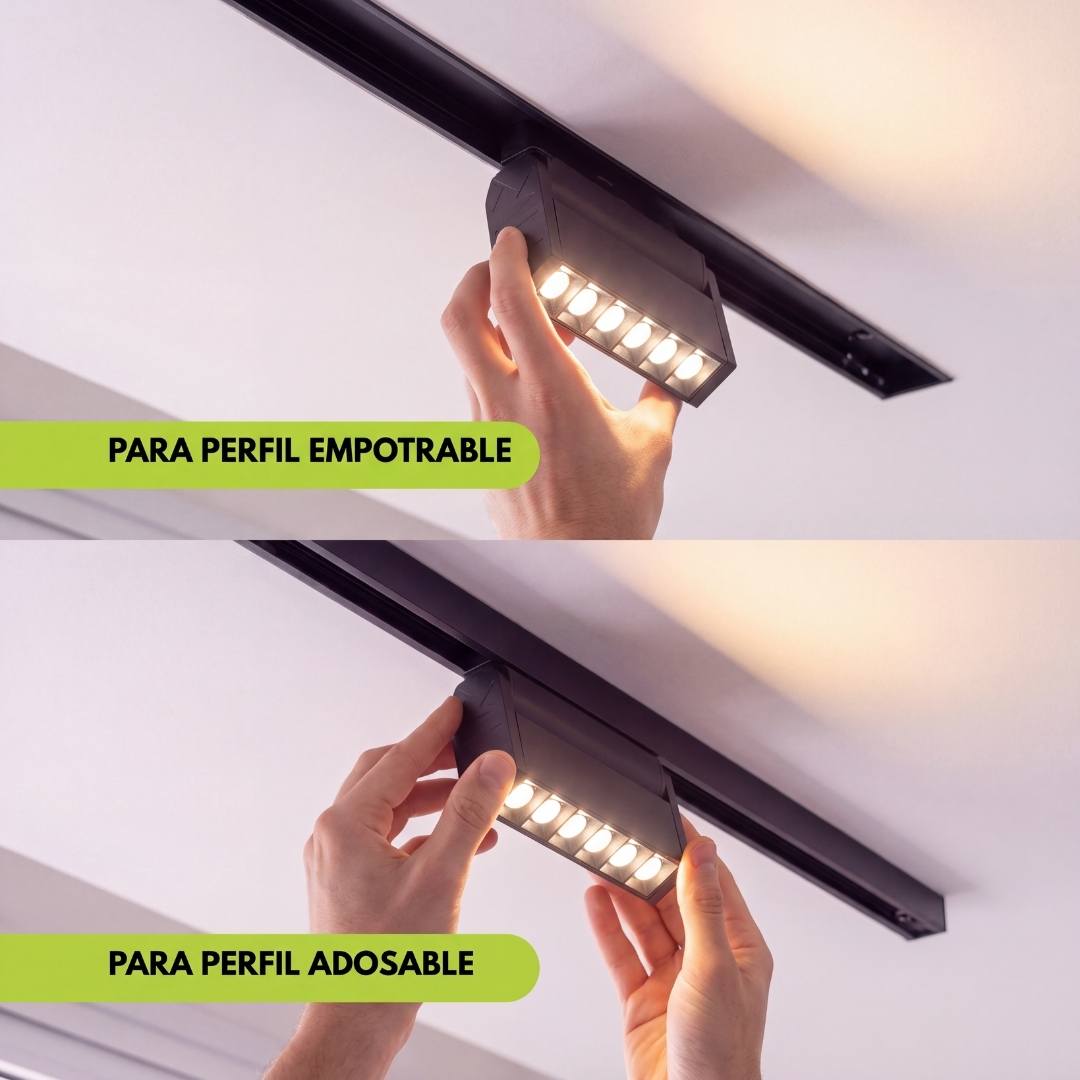 Spot LED articulable instalado en riel empotrable, riel no incluido