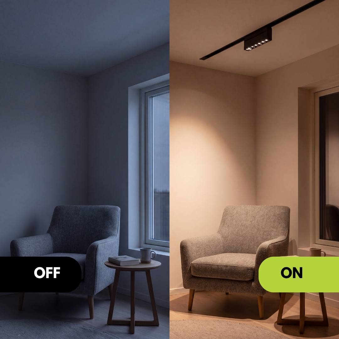Ambiente antes y después de encender el spot LED magnético articulable
