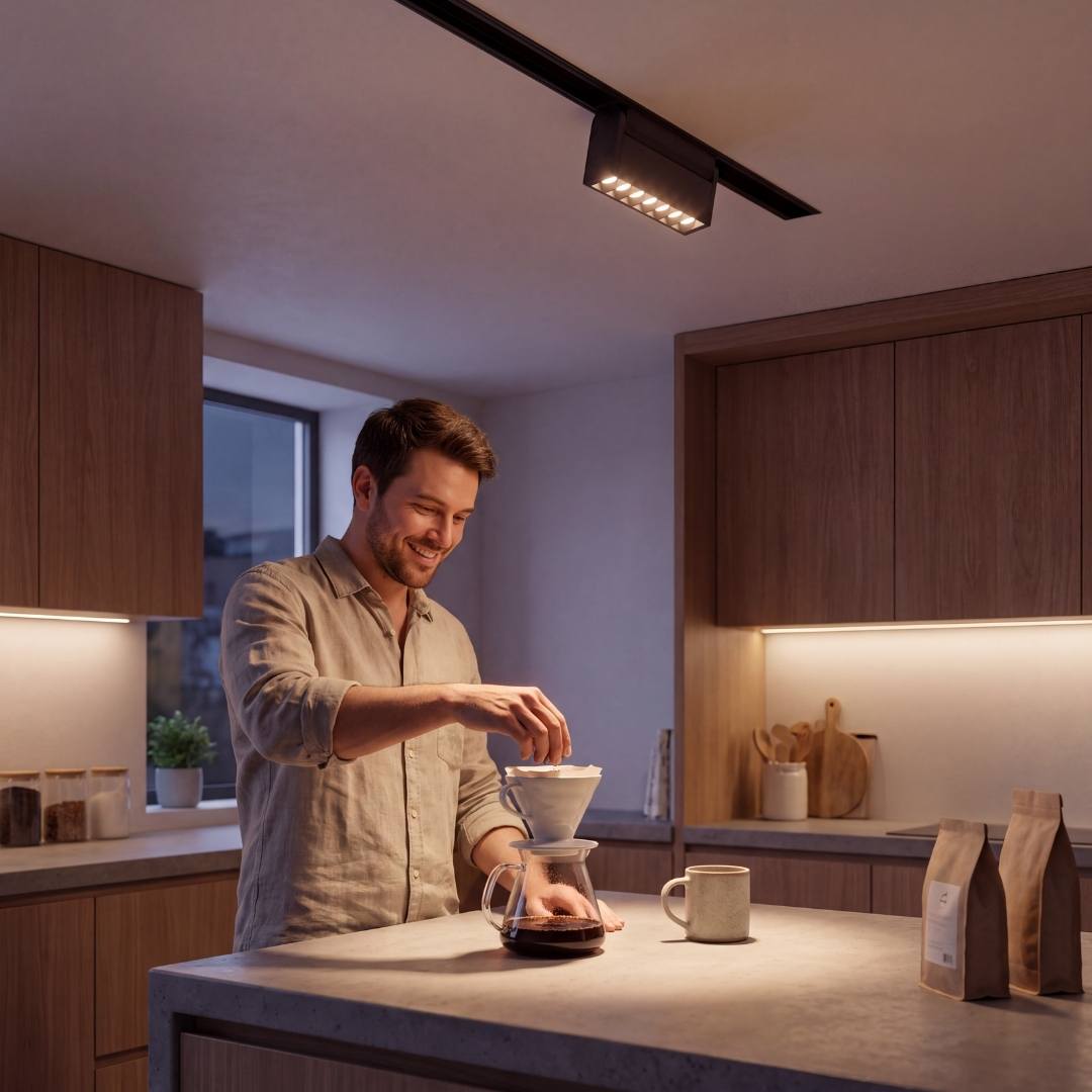 Spot LED de riel iluminando barra de cocina moderna con luz cálida