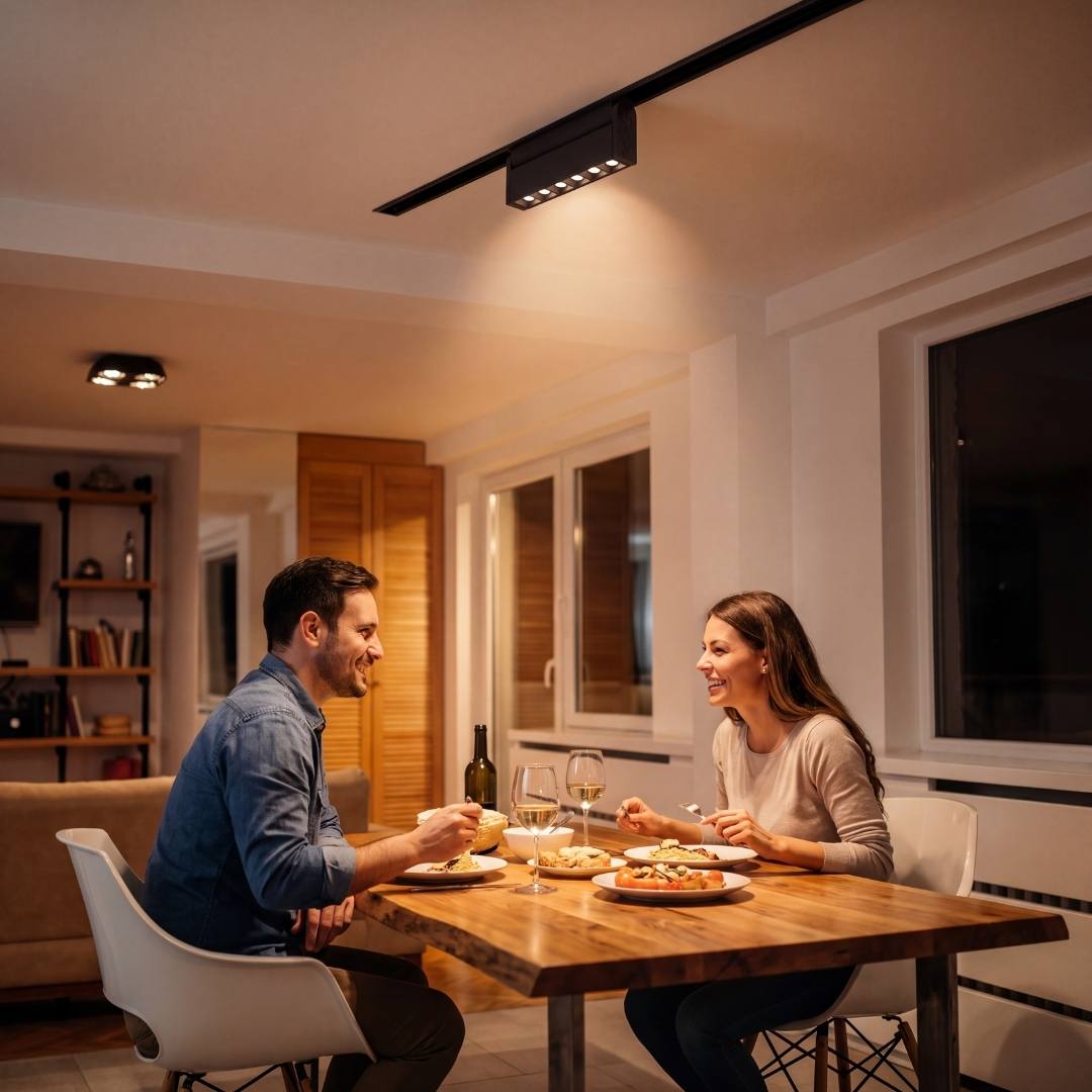 Spot LED de riel iluminando mesa de comedor con luz cálida dirigida