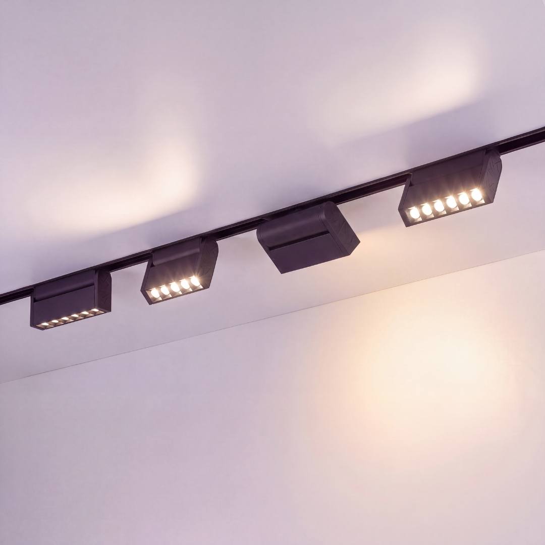 Spots LED magnéticos en riel de techo de sala de estilo minimalista