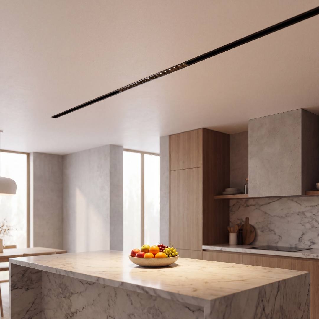 Spot LED magnético grille iluminando isla de cocina moderna