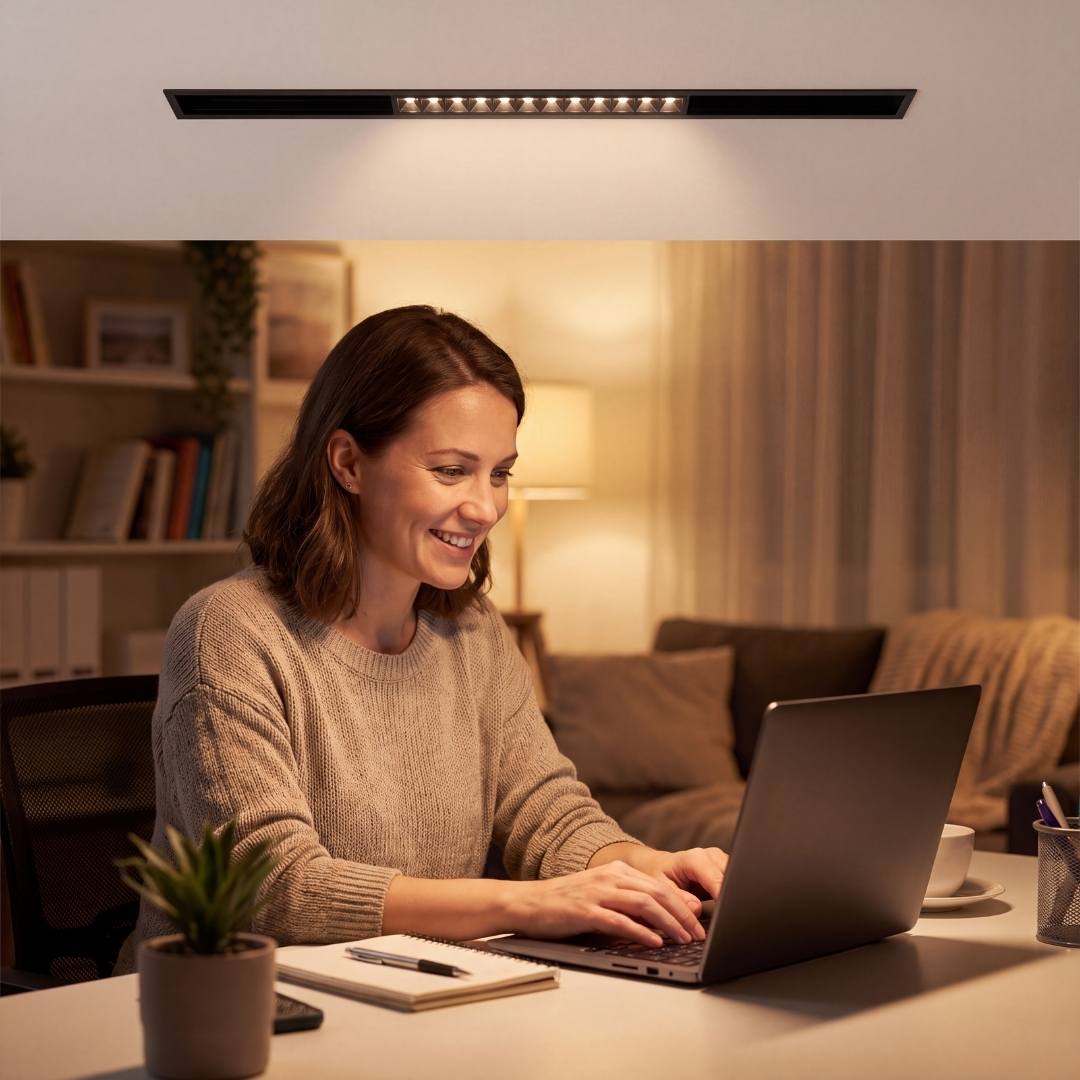 Spot LED de riel iluminando escritorio de home office con luz cálida