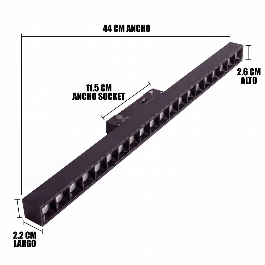Dimensiones del spot magnético grille: 44 cm de ancho y socket de 11.5 cm