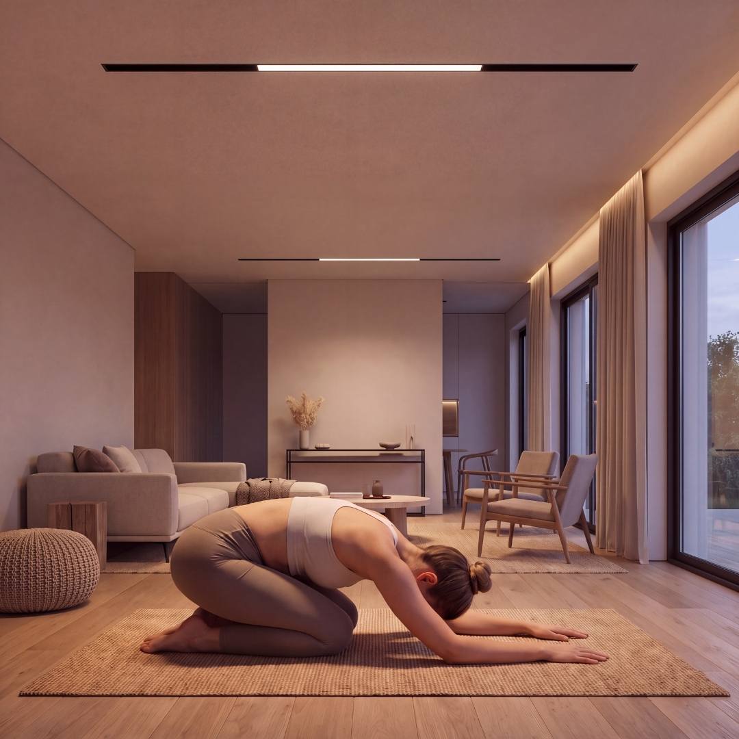 Barra LED magnética iluminando dormitorio moderno con luz cálida continua