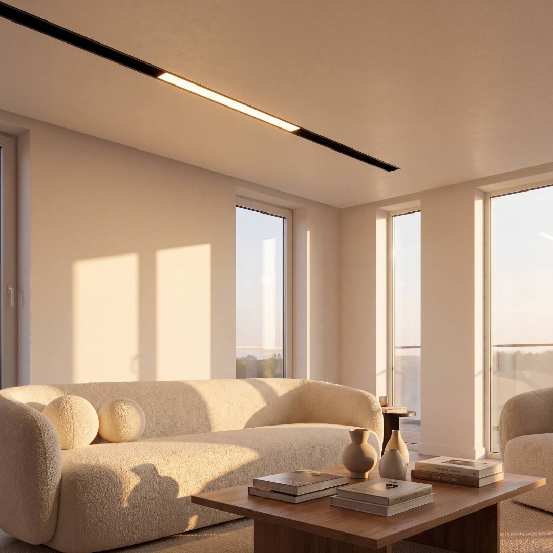 Spot LED lineal en riel de techo iluminando sala de estilo minimalista