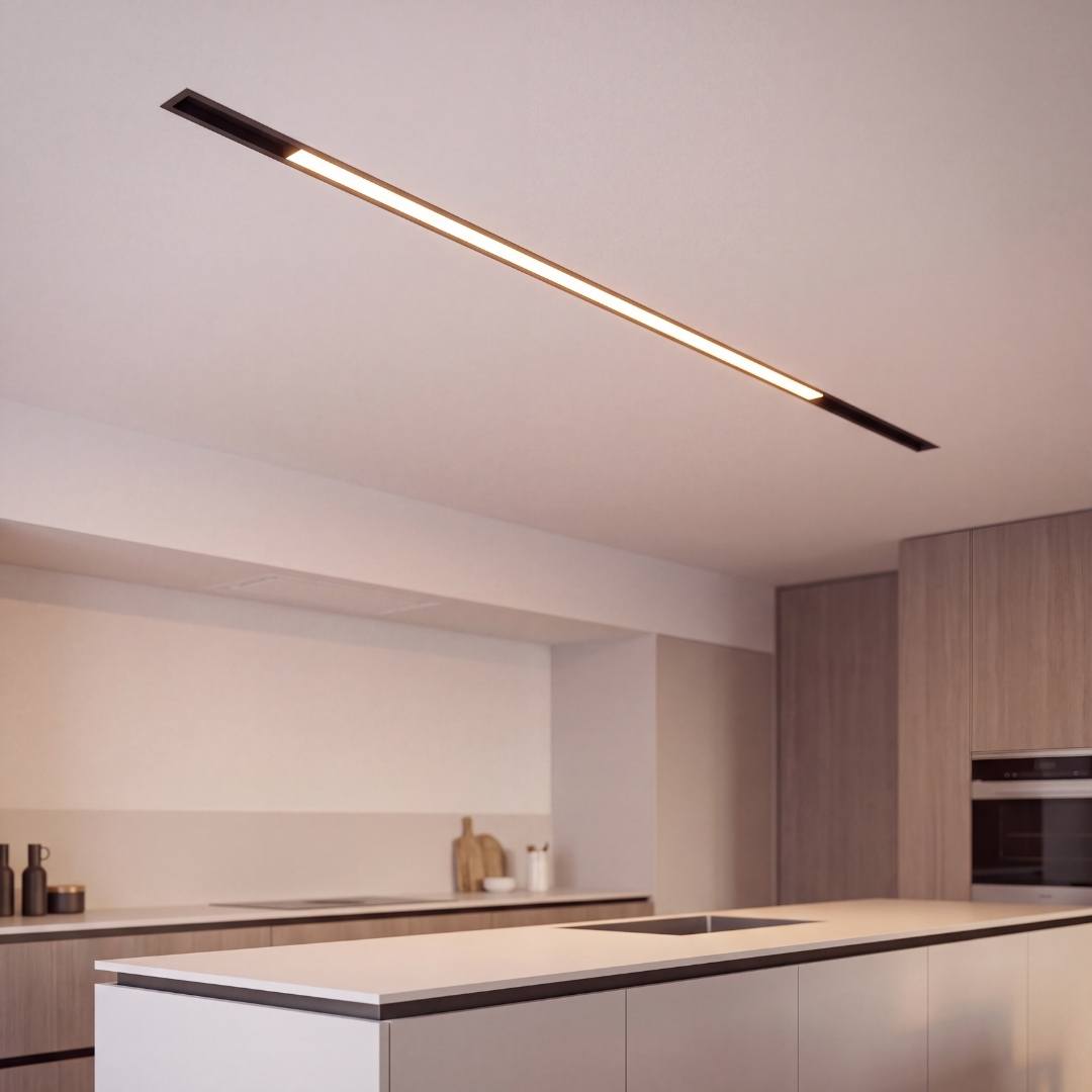 Spot LED lineal encendido en riel magnético empotrado de sala moderna