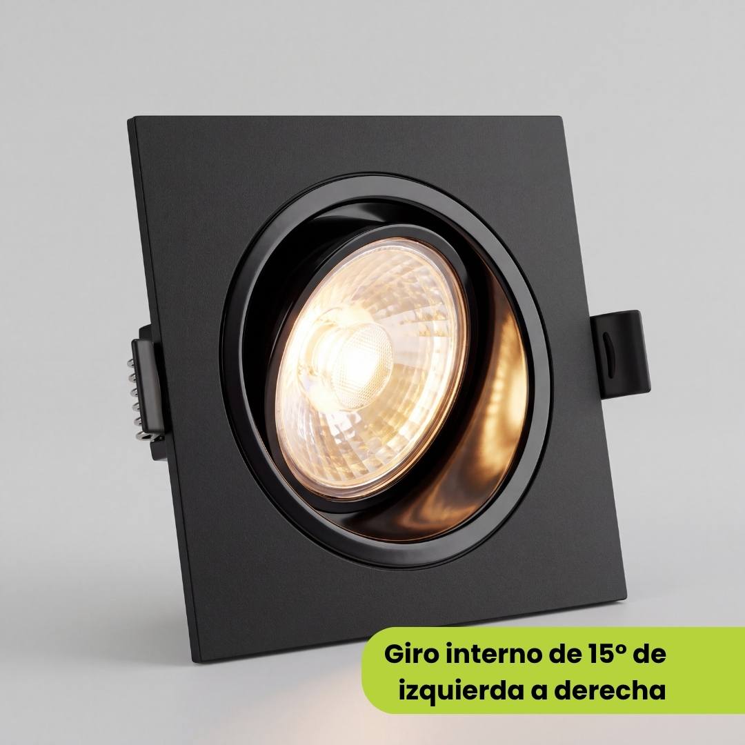 Spot orientable LEA Black encendido con giro lateral de 15° para direccionar el dicroico