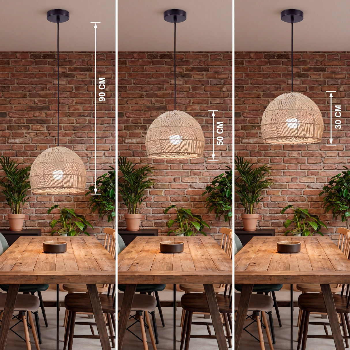 Comparativa de tres alturas de cable para diseño lumínico sobre mesas de comedor.