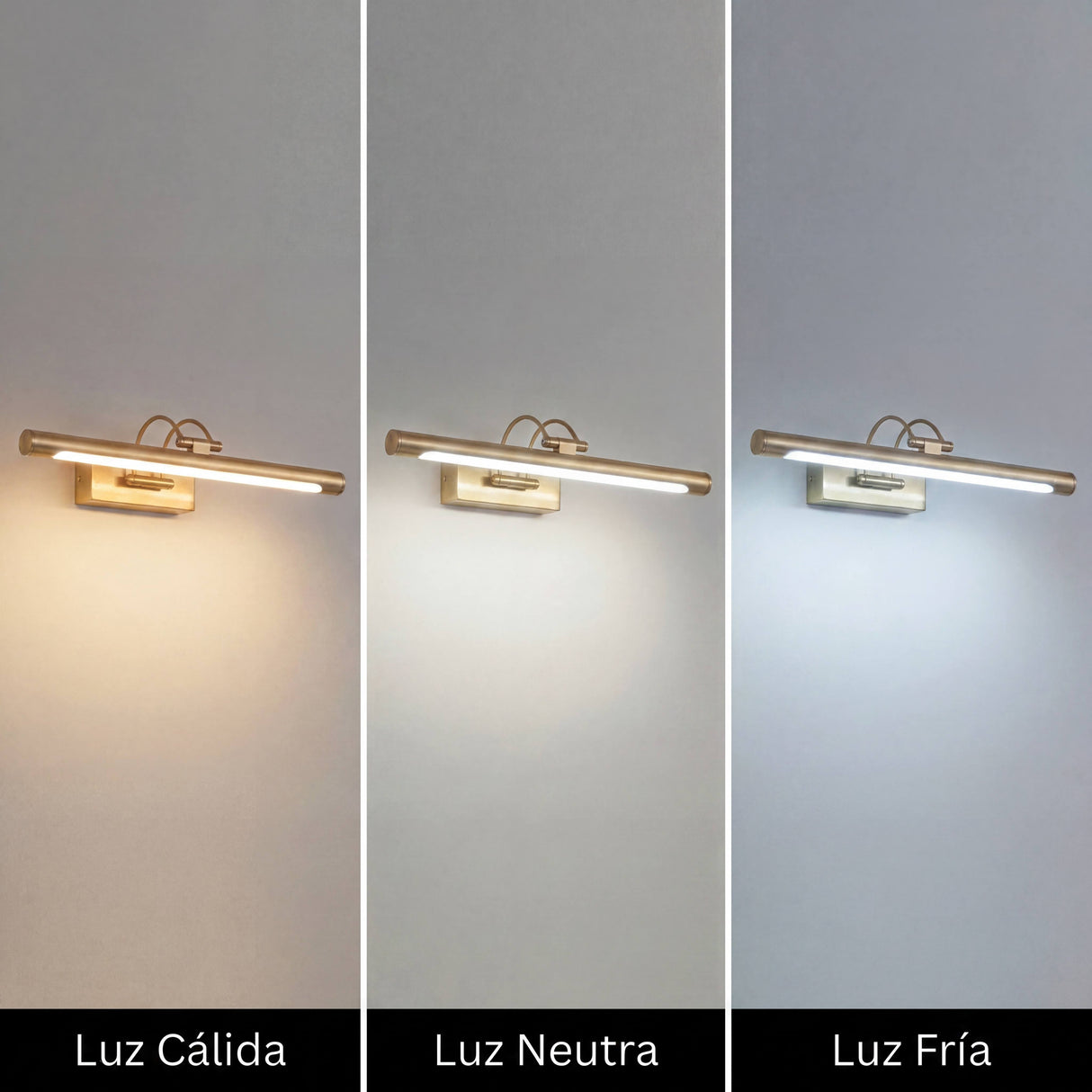 Esquema de temperaturas de color seleccionables que muestra tonos fríos, neutros y cálidos en aplique de pared.