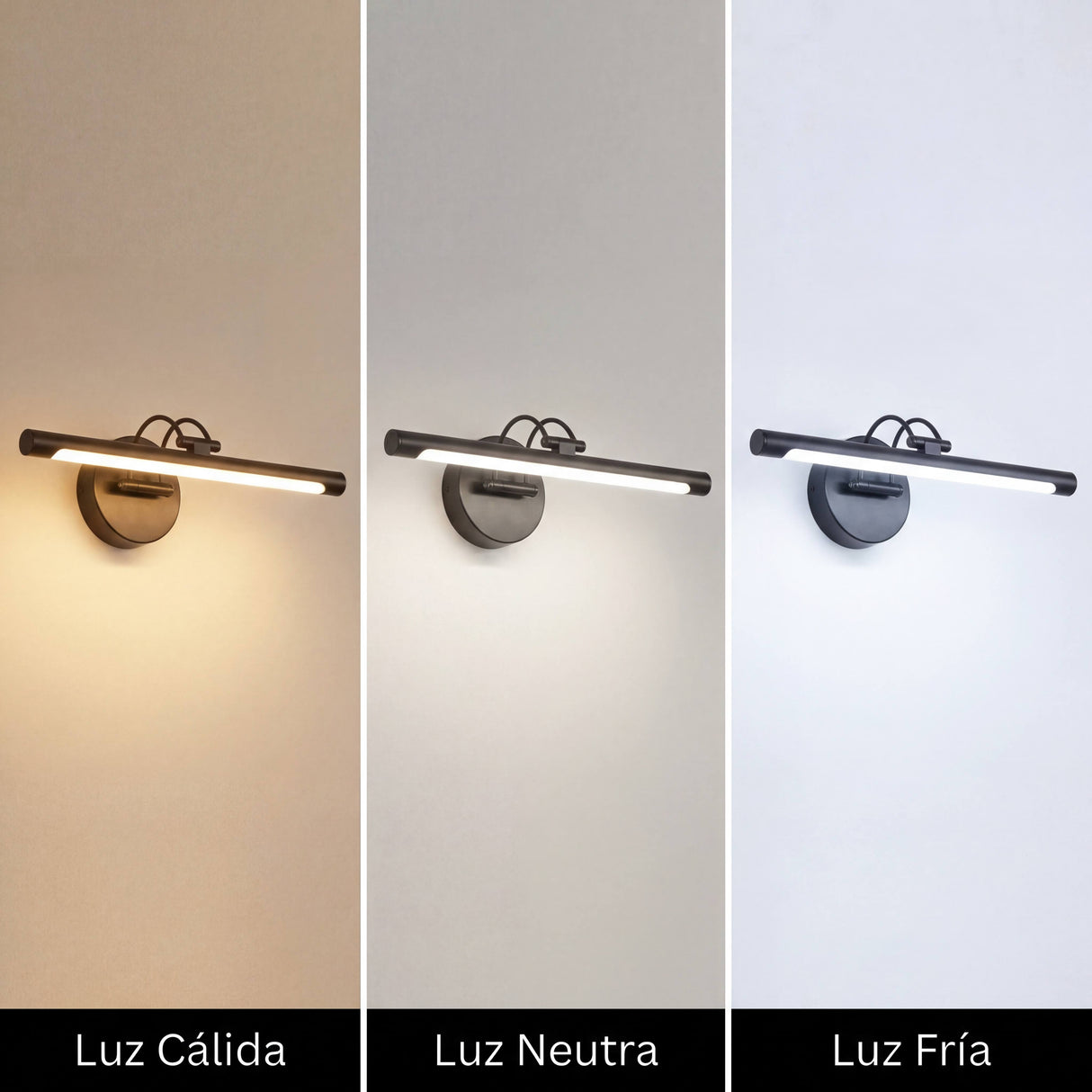 Muestra de las tres temperaturas de color seleccionables (cálida, neutra y fría) para confort visual flexible.