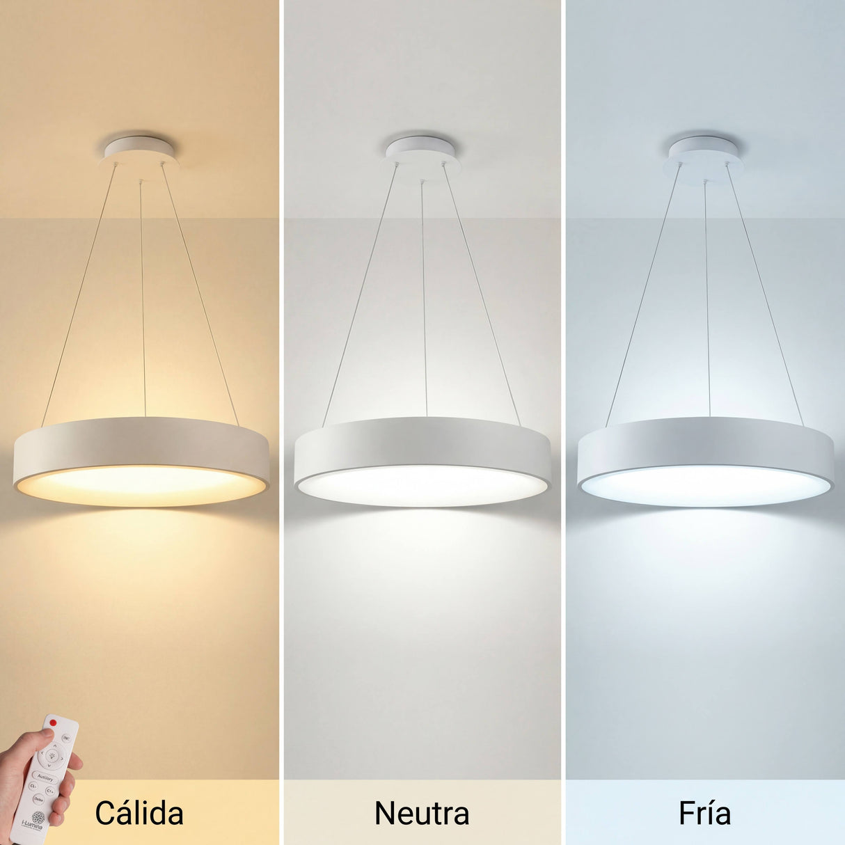 Comparativa de temperaturas de color: luz cálida, neutra y fría en lámpara de techo.