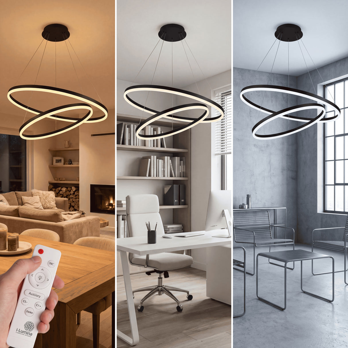 Comparativa de tonos de luz cálida, neutra y fría en luminaria circular de suspensión para arquitectura.