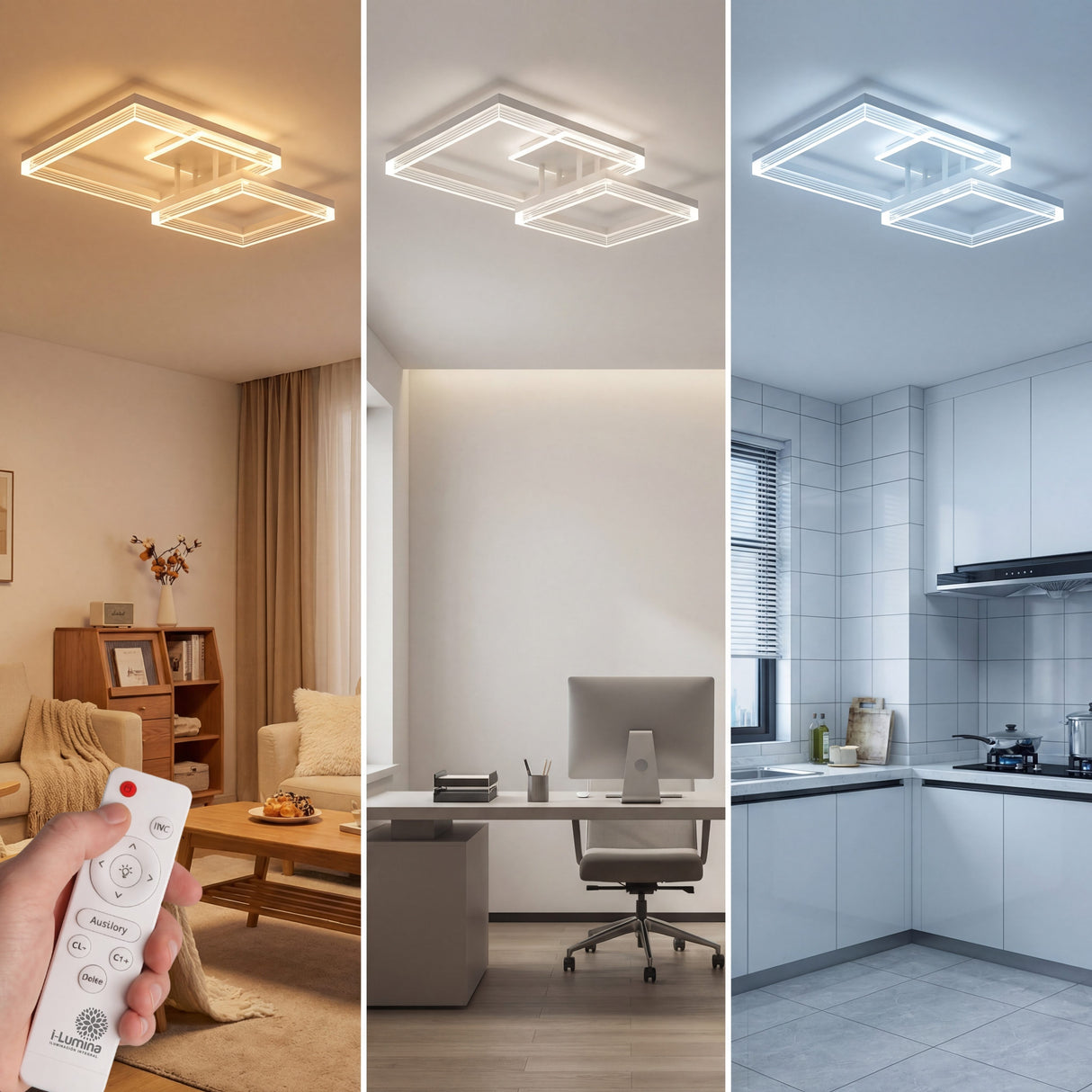 Comparativa de tonos de luz cálida, neutra y fría en oficina, cocina y dormitorio contemporáneo.