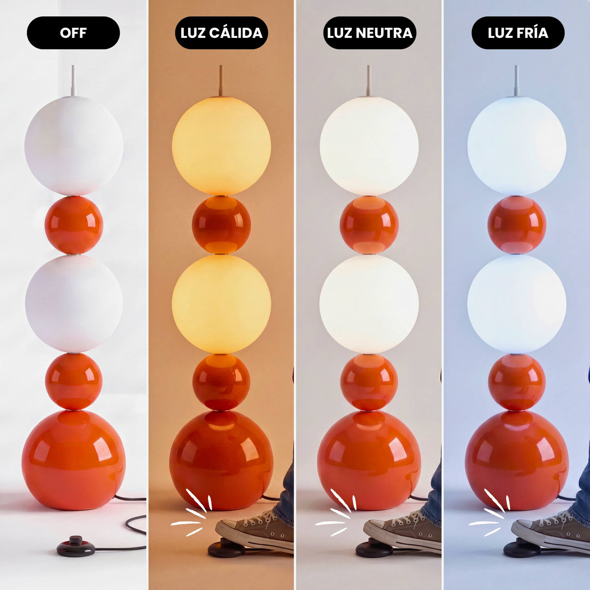 Cuatro variaciones de luz LED desde blanco cálido a blanco frío en lámpara de diseño contemporáneo.