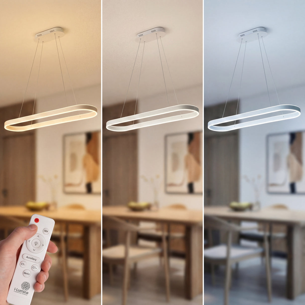 Selector de temperatura de luz: blanca, neutra y cálida para lámpara de isla de cocina.