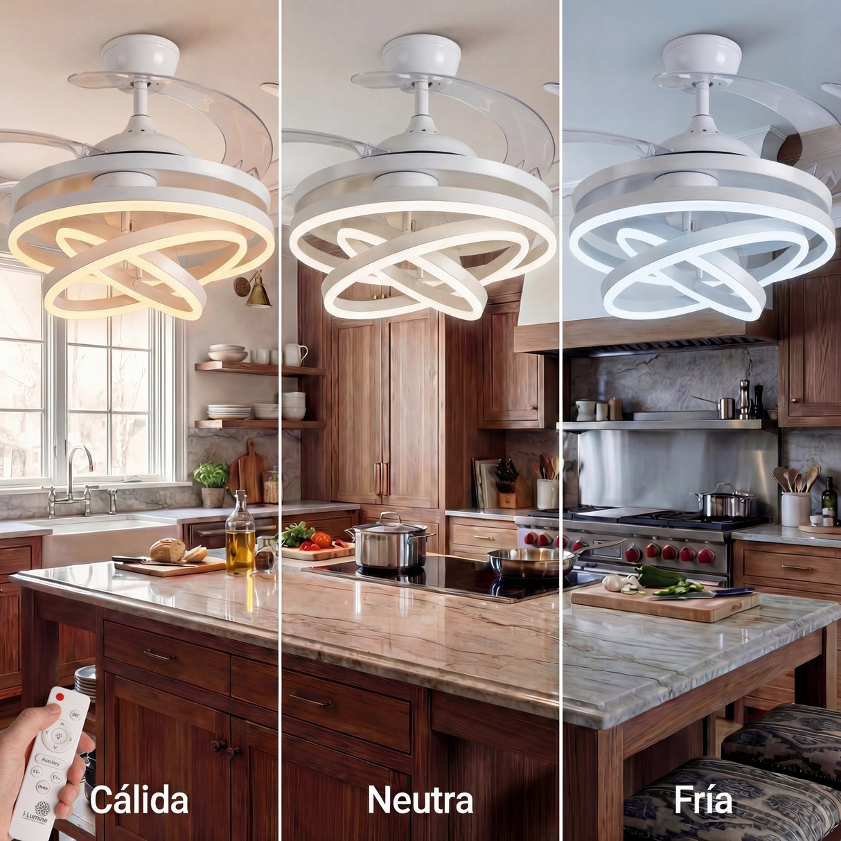 Tres temperaturas de color (cálida, neutra, fría) aplicadas en una cocina con ventilador blanco.