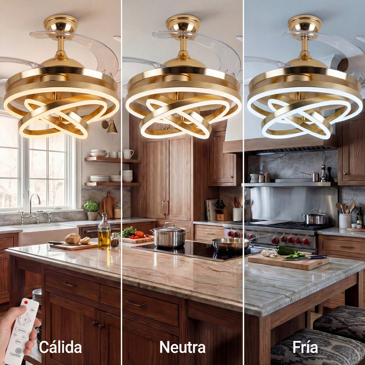 Selección de tres temperaturas de color (cálida, neutra, fría) en ventilador de techo dorado.