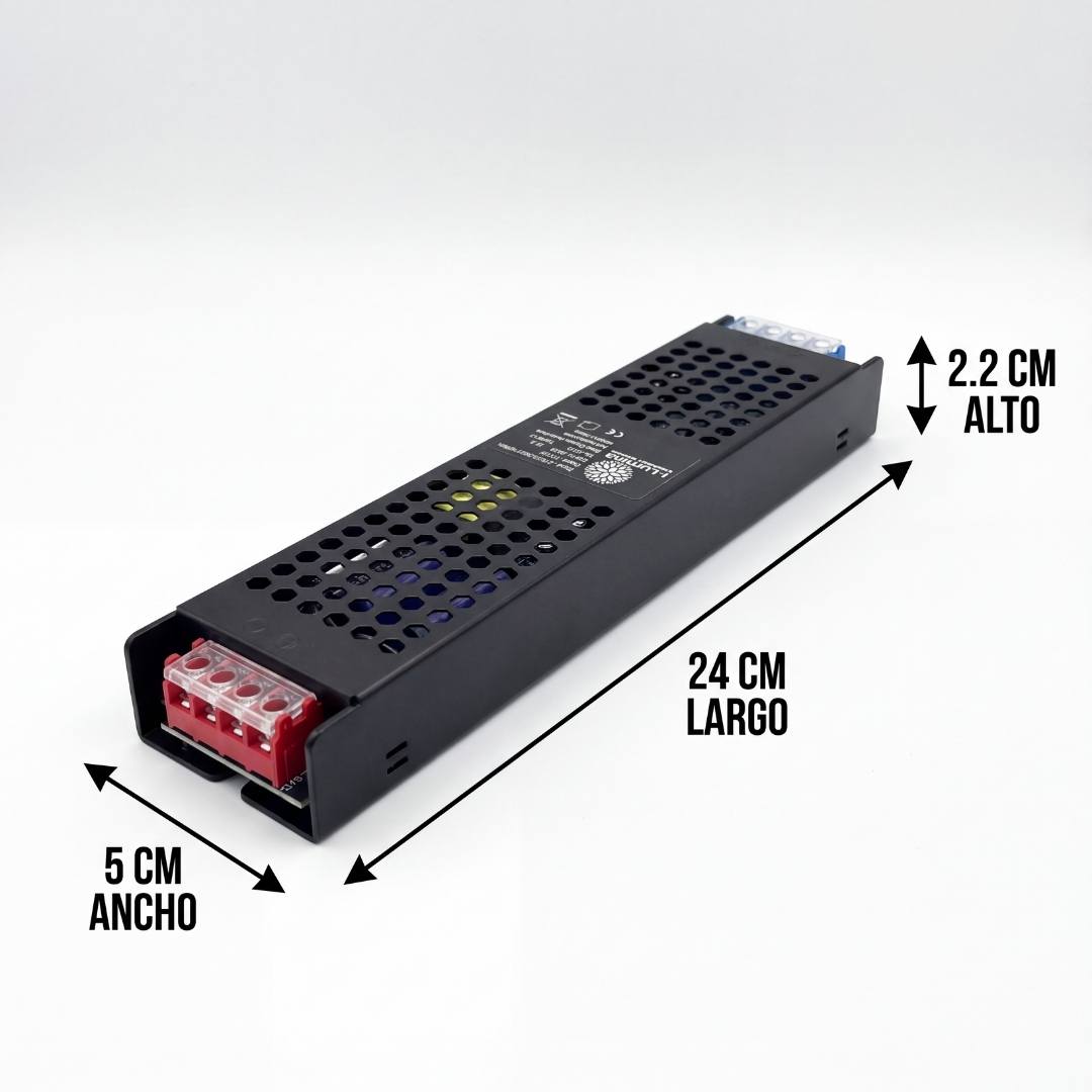 Dimensiones del transformador 12V 300W: 24 cm de largo, 5 cm de ancho y 2.2 cm de alto