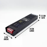 Dimensiones del transformador 12V 300W: 24 cm de largo, 5 cm de ancho y 2.2 cm de alto