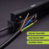 Cables del transformador magnético: marrón fase, azul neutro y amarillo tierra