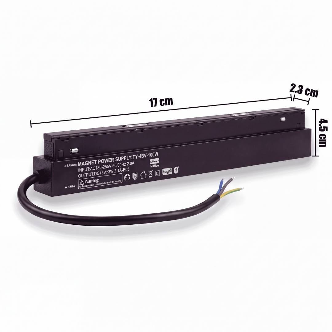Dimensiones del transformador magnético smart 100W 48V para riel magnético
