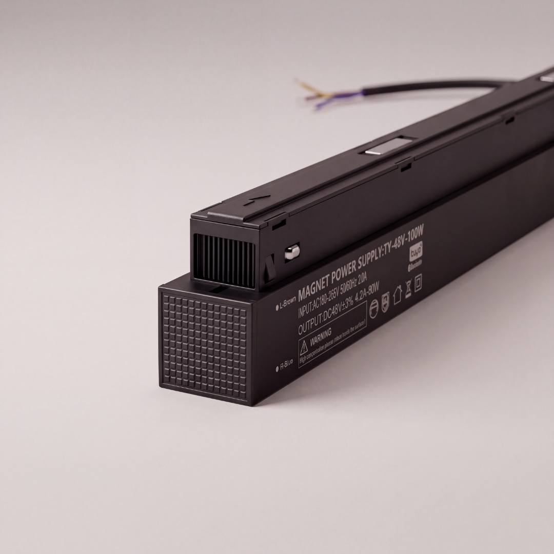 Transformador magnético smart Tuya de 100W sobre superficie clara, riel no incluido