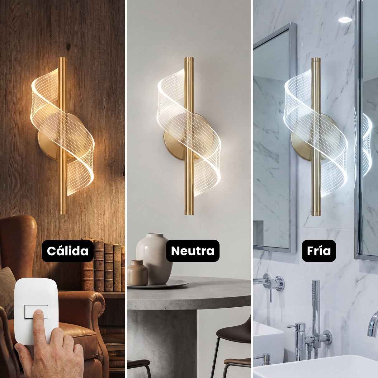Lampara Helix Line Gold con tres temperaturas de color seleccionables: calida, neutra y fria.