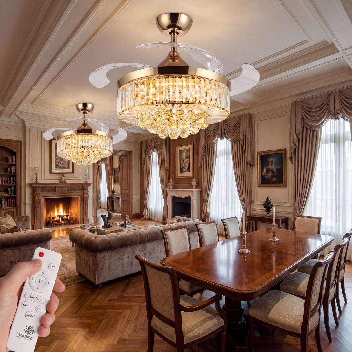 Vista amplia de salón comedor de concepto abierto con ventilador de cristal central.