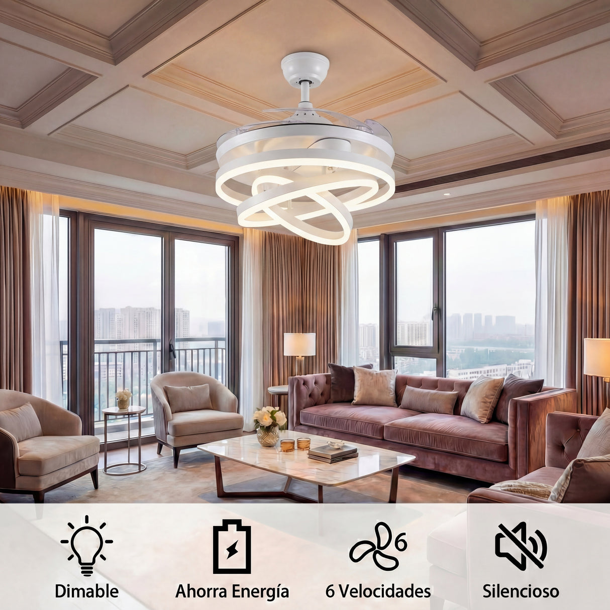 Sala de estar moderna con techos blancos y ventilador retráctil integrado de forma minimalista.