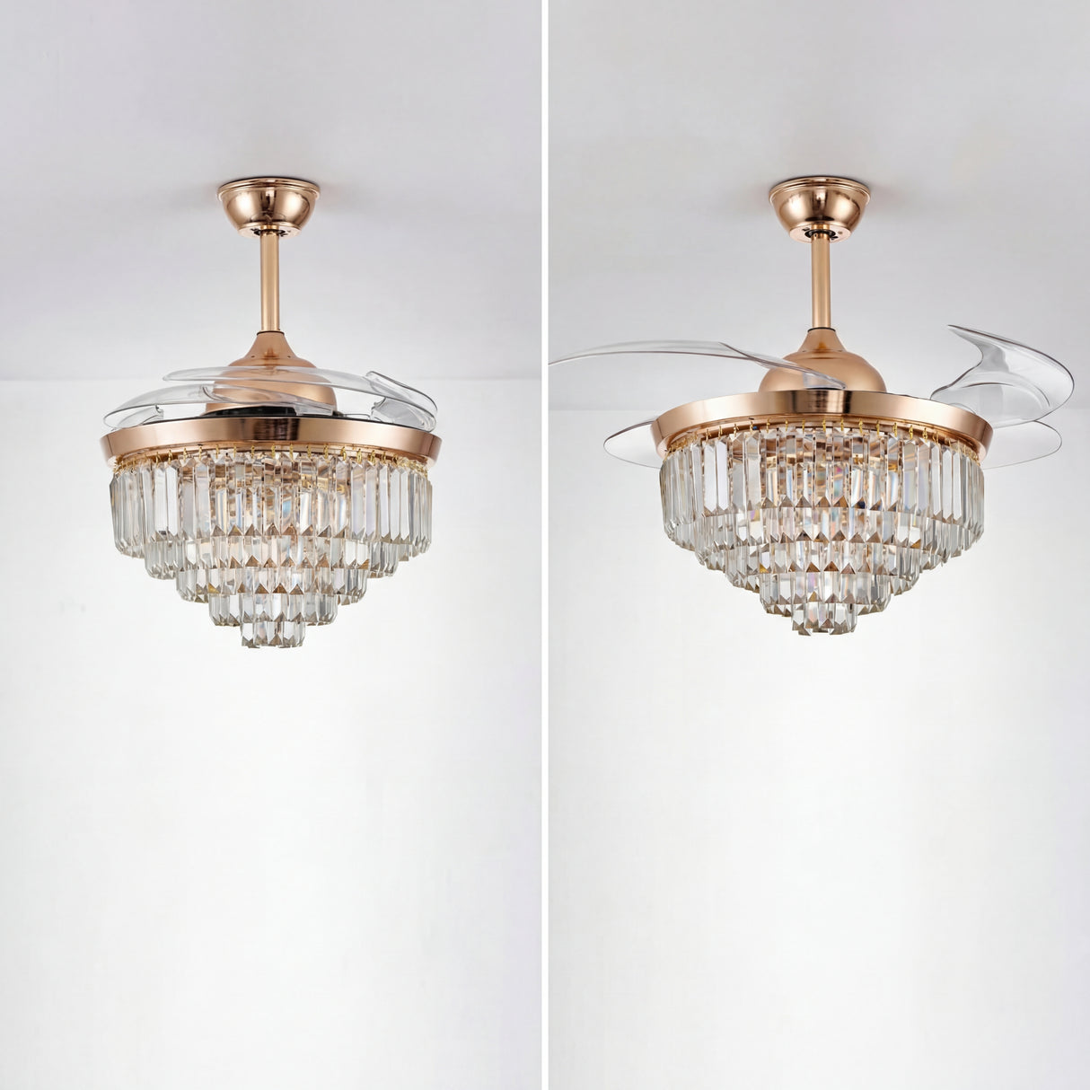 vista de ventilador de techo con aspas de acrilico abiertas y cerradas