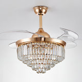 ventilador de techo dorado con aspas transparentes extendidas