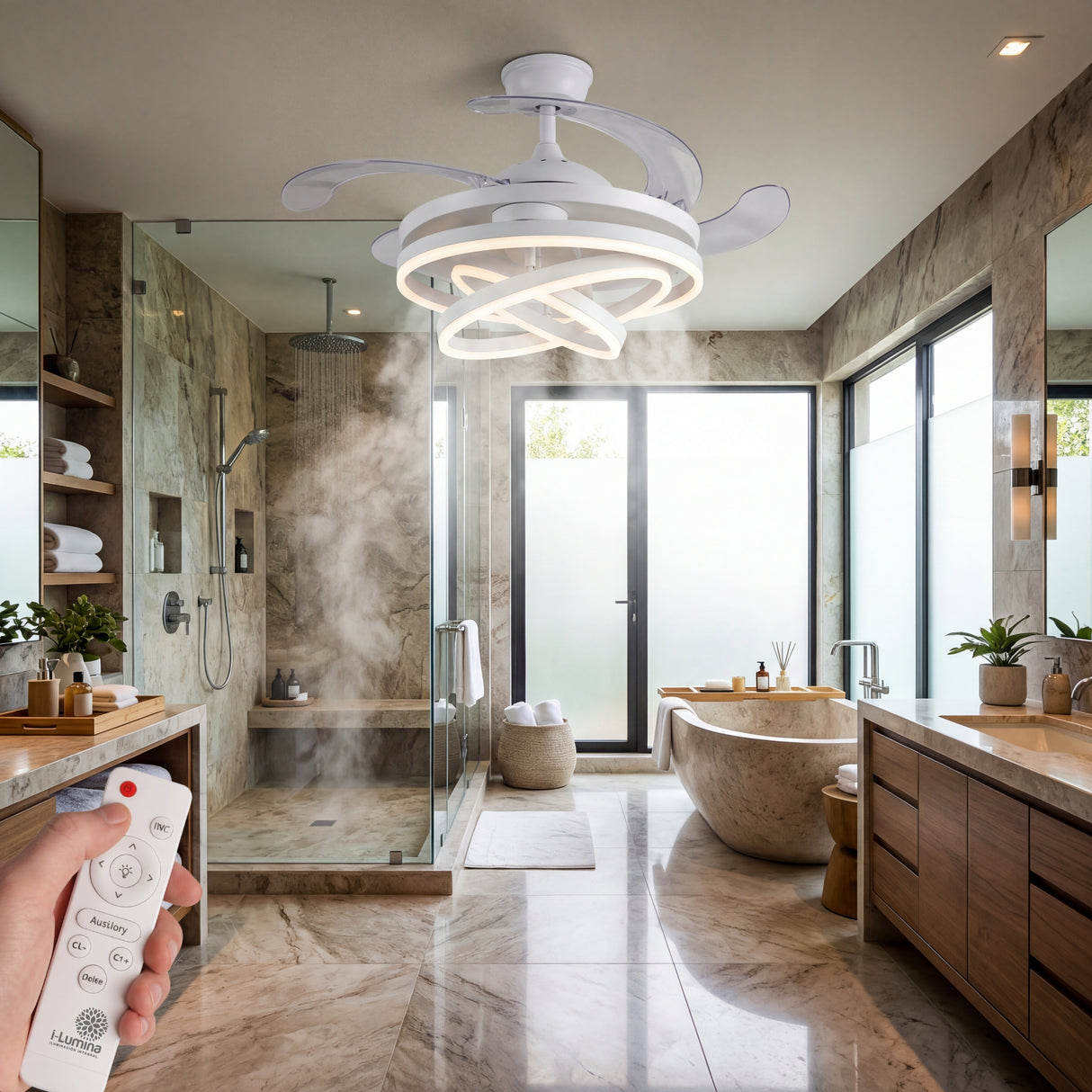 Baño principal tipo spa ventilado con la lámpara retráctil Luxury Futura White.