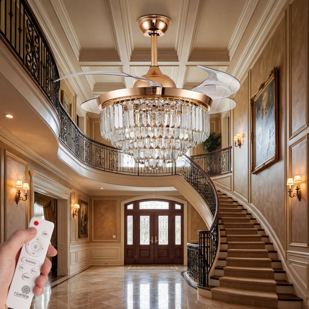 ventilador de lujo para techos altos y escaleras de doble altura
