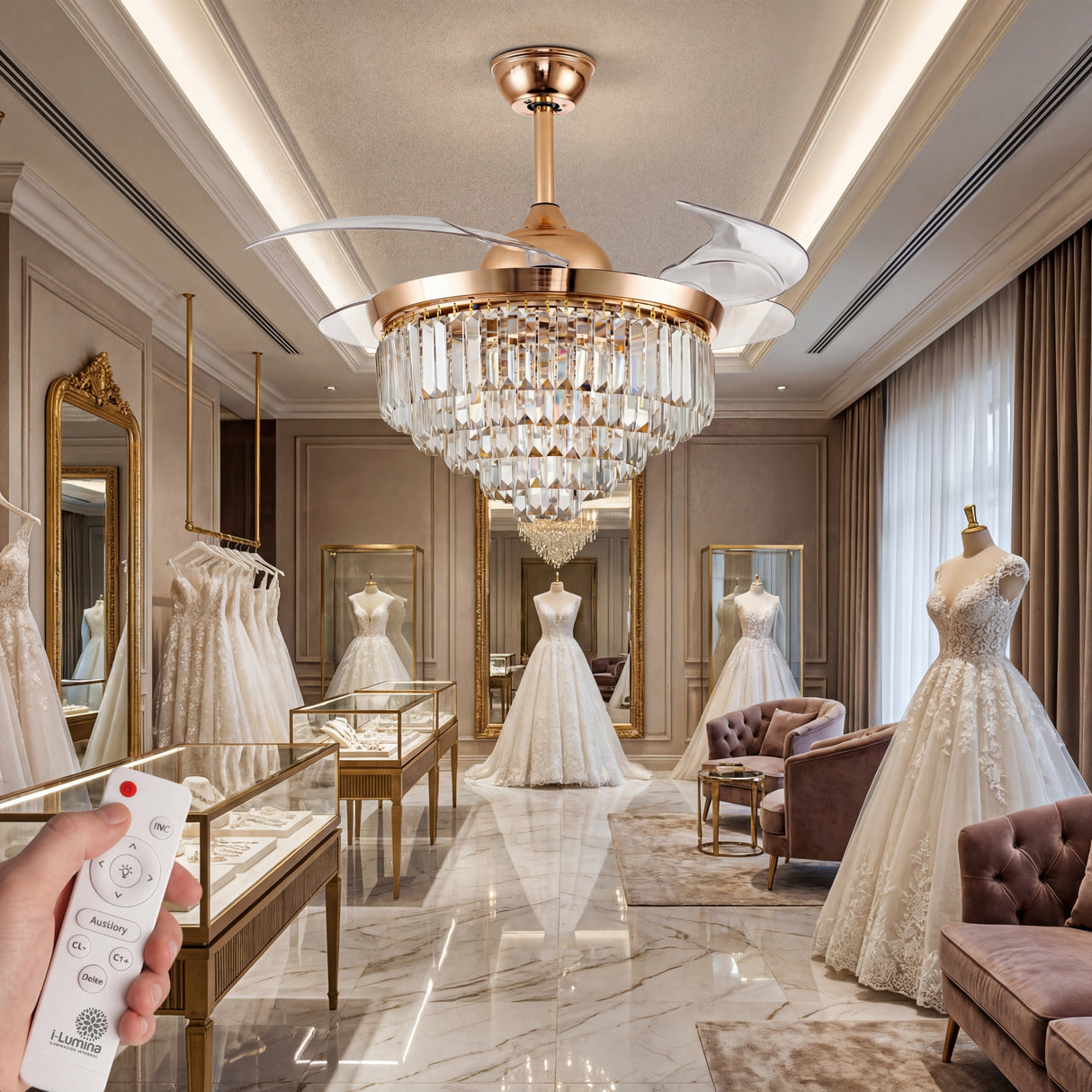 ventilador de techo con cristales en boutique de novias o vestidor elegante