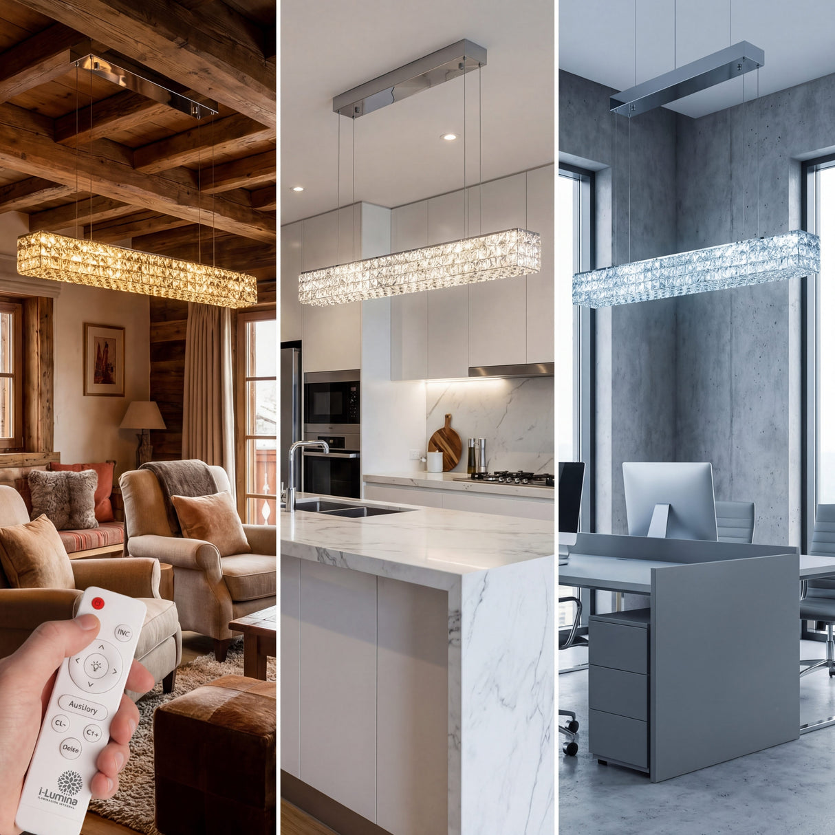 Aplicaciones de iluminación técnica en cocina, estudio y salón con regulación de intensidad.