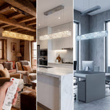 Aplicaciones de iluminación técnica en cocina, estudio y salón con regulación de intensidad.