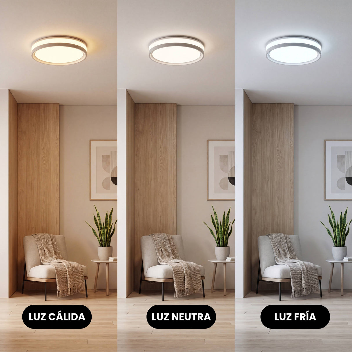 Simulación tricolor mostrando luz cálida, intermedia y blanca fría adaptadas a la decoración de interiores.
