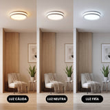 Simulación tricolor mostrando luz cálida, intermedia y blanca fría adaptadas a la decoración de interiores.