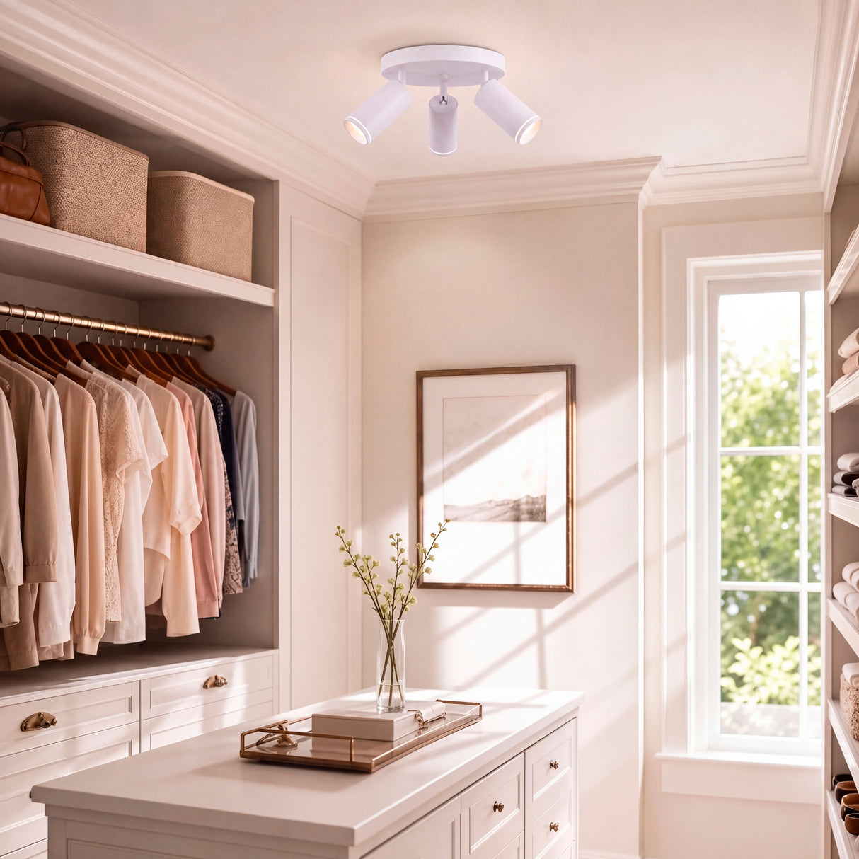 Puntos de luz orientables que garantizan visibilidad homogénea en estanterías y muebles de vestidor.