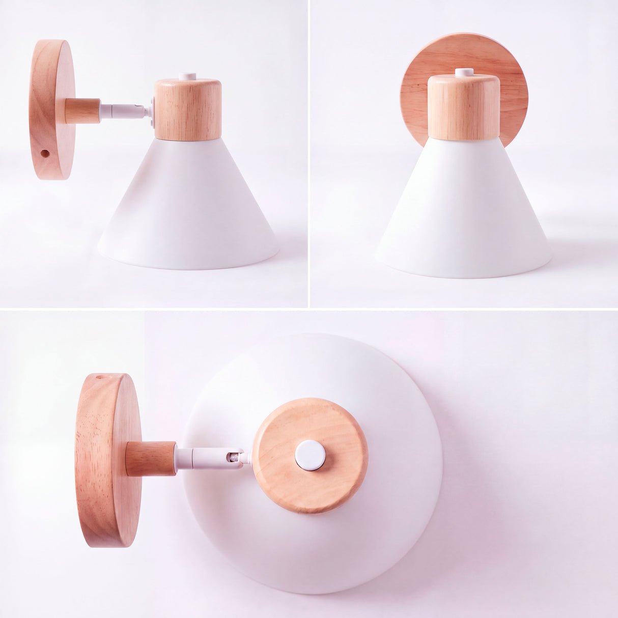 Perspectivas axiales de foco orientable en blanco mate y detalle de madera para e-commerce.
