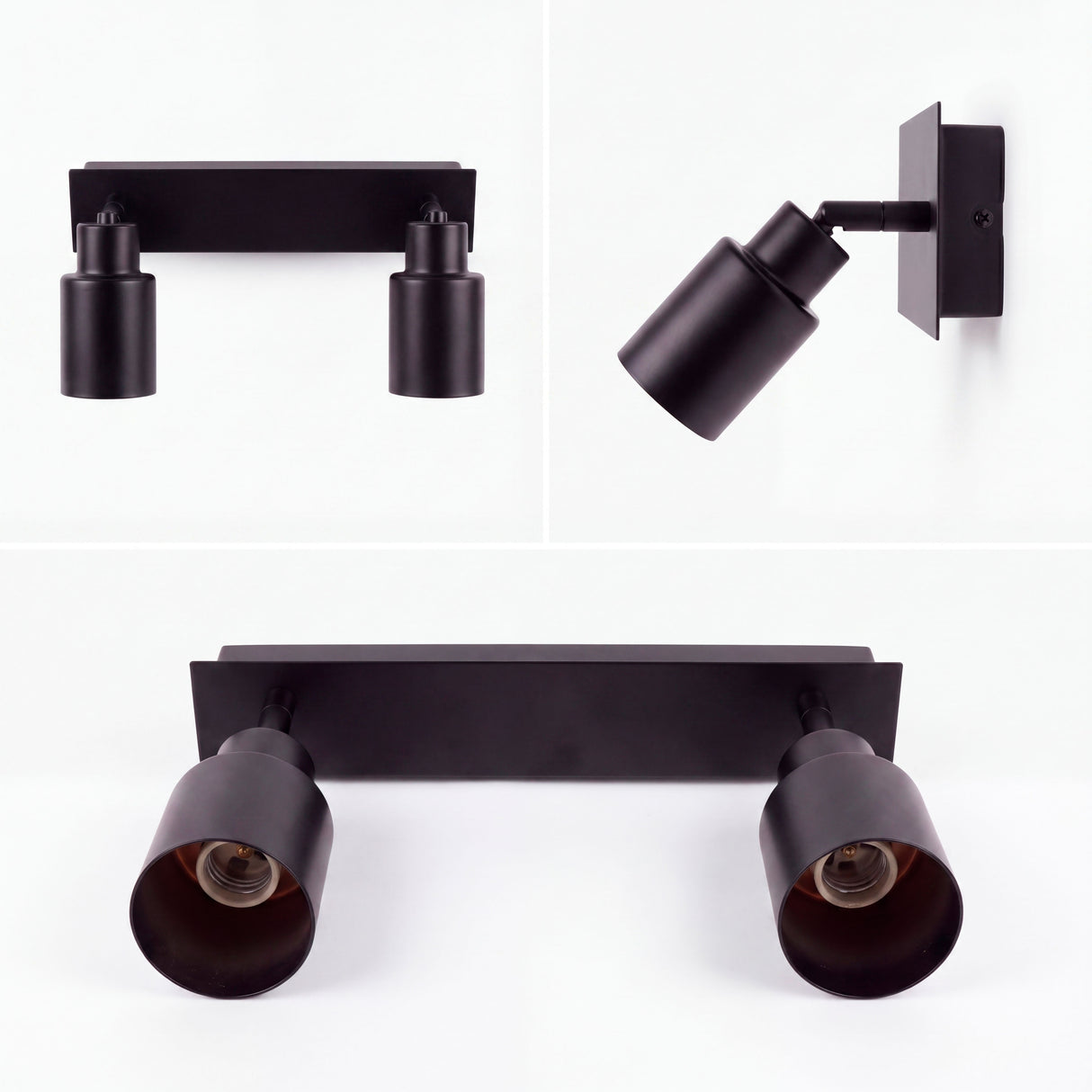 Muestra de catálogo e-commerce con tres ángulos de la estructura rectangular articulada en negro.
