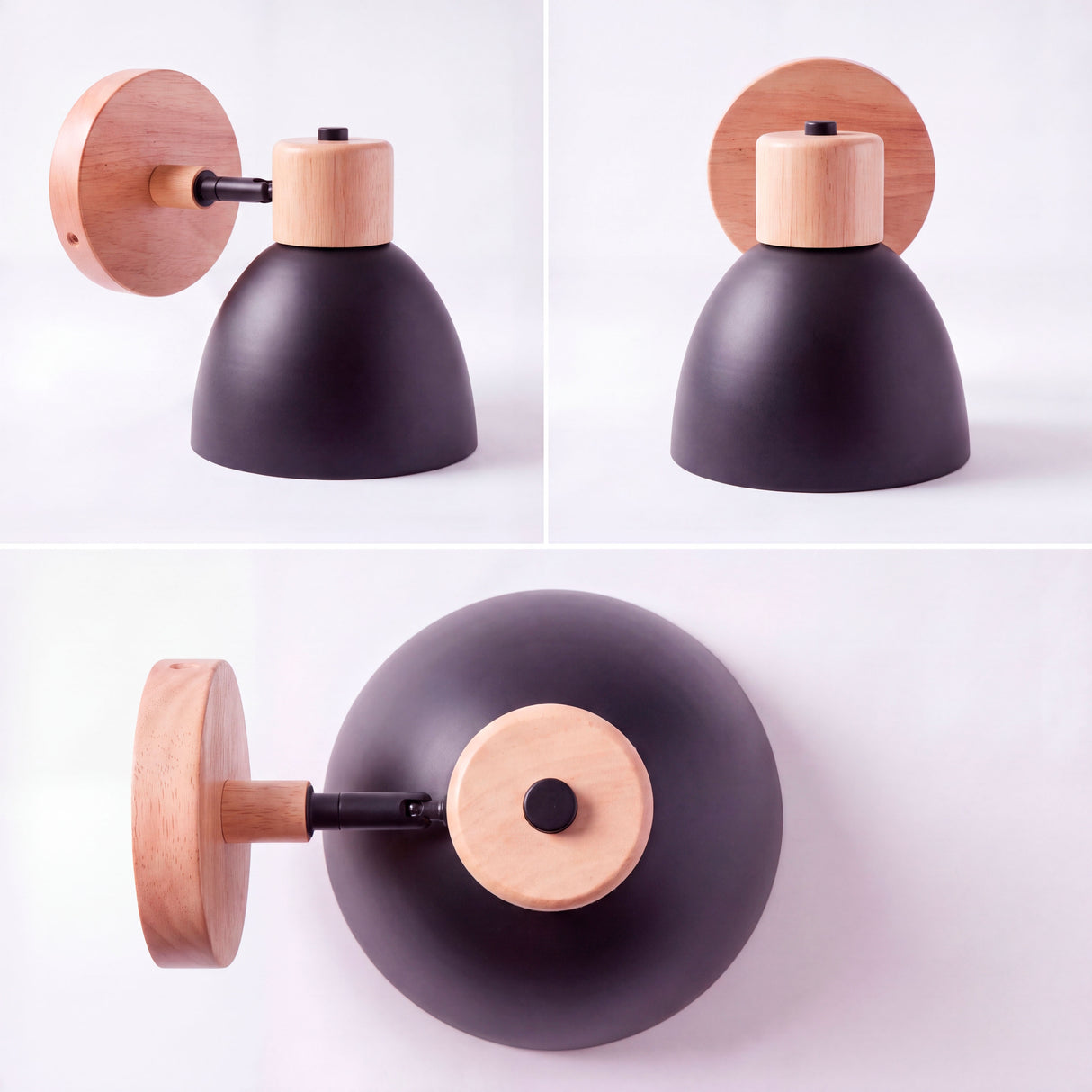 Perspectivas axiales de aplique orientable con cuerpo negro y detalle en madera clara.