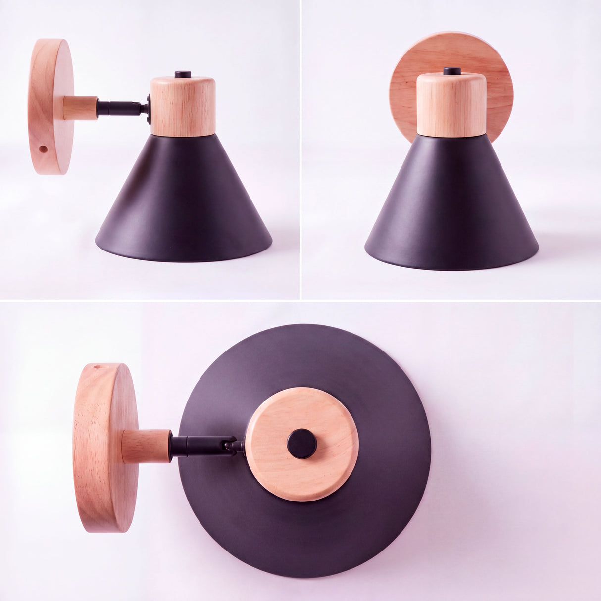 Perspectivas axiales de aplique orientable con pantalla negra y detalle en madera clara para e-commerce.